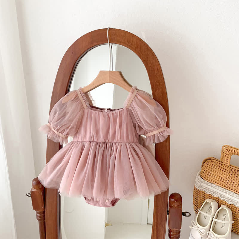Mesh Bow Folds Short Sleeve Crop Bodysuit - Pink - 2-3Y - image 2