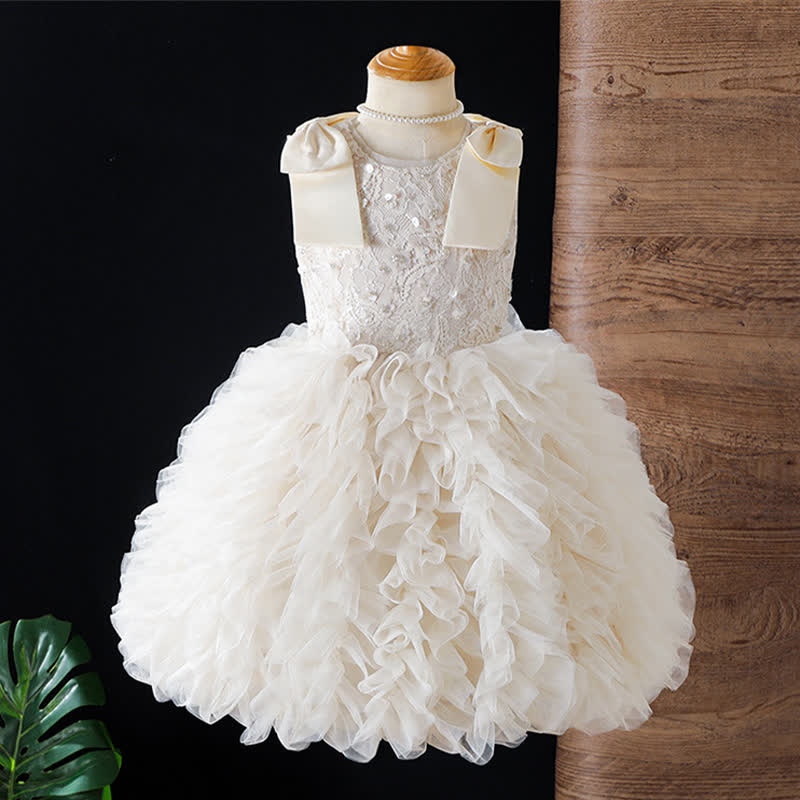 Chemical Fiber Blend Lace Bow Folds Sleeveless Mid-long Dresses - Beige - 7Y - image 1