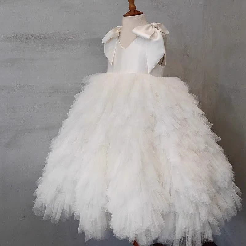 Satin Mesh Bow Sleeveless Midi Dresses - White - 13-14Y - image 1