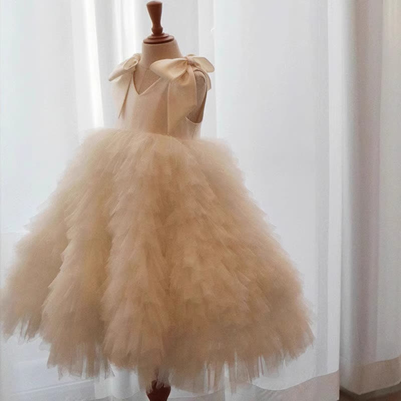 Satin Mesh Bow Sleeveless Midi Dresses - Champagne - 13-14Y - image 4