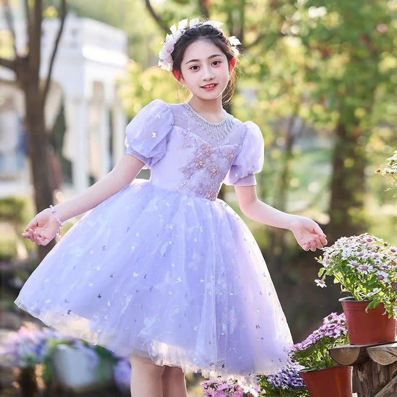 Chemical Fiber Blend Rosette Sequins Short Sleeve Mid-long Dresses - Purple - 14-15Y - image 3