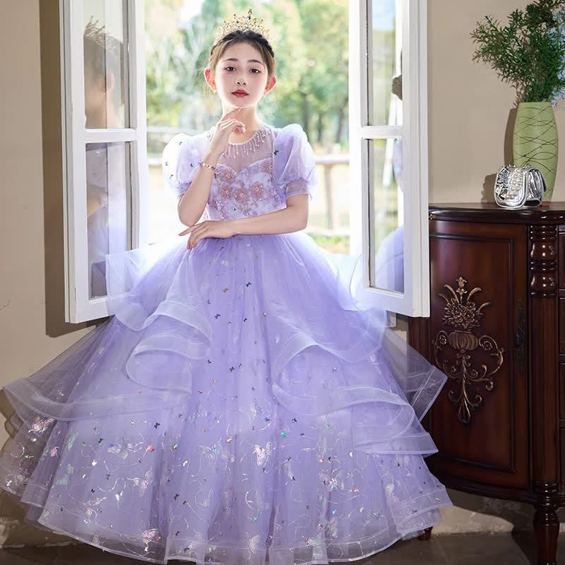 Chemical Fiber Blend Rosette Sequins Folds Short Sleeve Maxi Dresses - Purple - 14-15Y - image 1