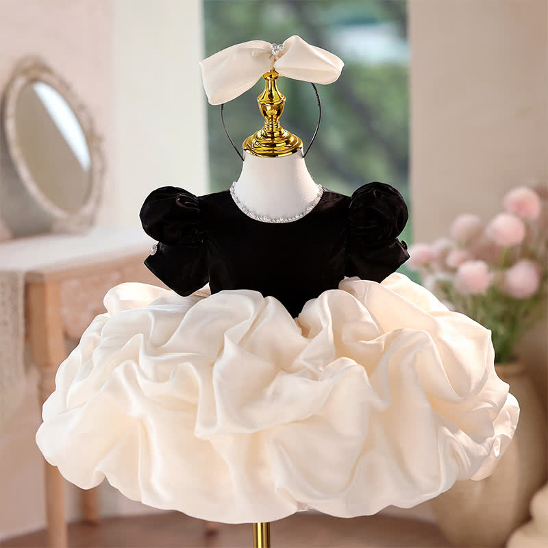 Velvet Folds Short Sleeve Mid-long Dresses - Black&Beige - 9-10Y - image 1