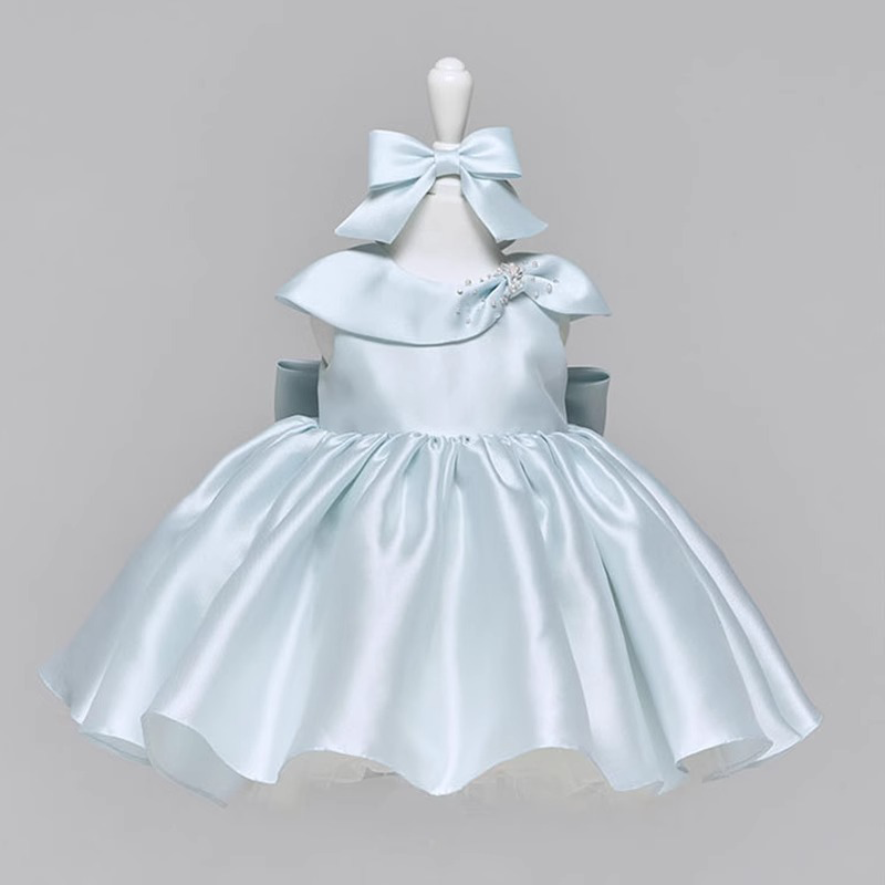Satin Imitation Pearls Bow Sleeveless Midi Dresses - Blue - 9-10Y - image 1