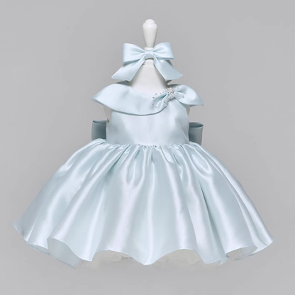 Satin Imitation Pearls Bow Sleeveless Midi Dresses - Blue - 9-10Y - image 1
