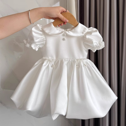 Chemical Fiber Blend Imitation Pearls Short Sleeve Mid-long Dresses - White - 9-10Y - image 1