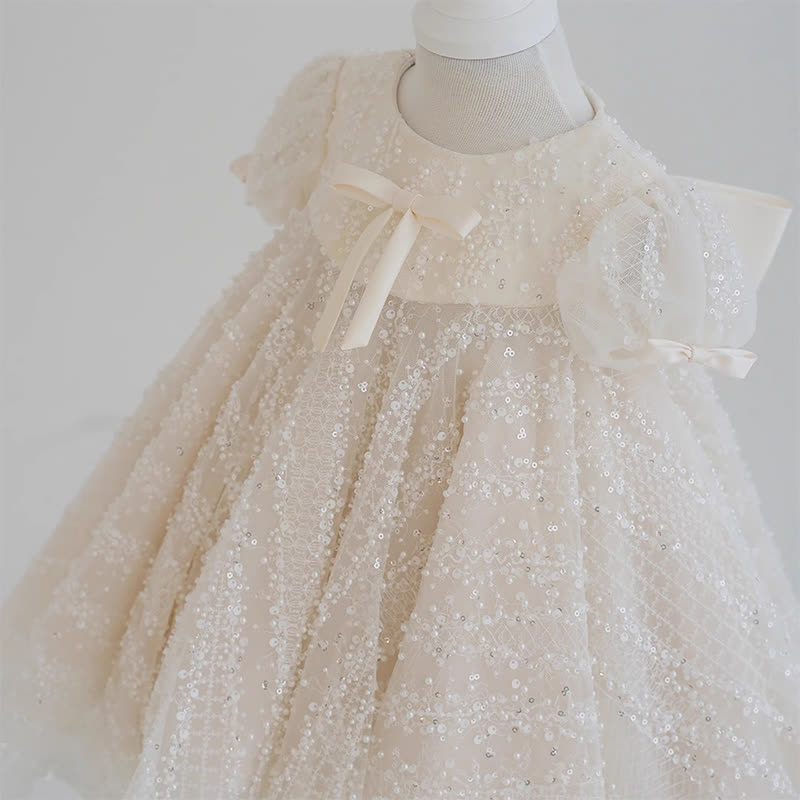 Chemical Fiber Blend Bow Beaded Short Sleeve Mid-long Dresses - image 2