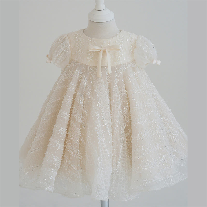 Chemical Fiber Blend Bow Beaded Short Sleeve Mid-long Dresses - Champagne - 9-10Y - image 1