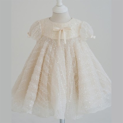 Chemical Fiber Blend Bow Beaded Short Sleeve Mid-long Dresses - Champagne - 9-10Y - image 1