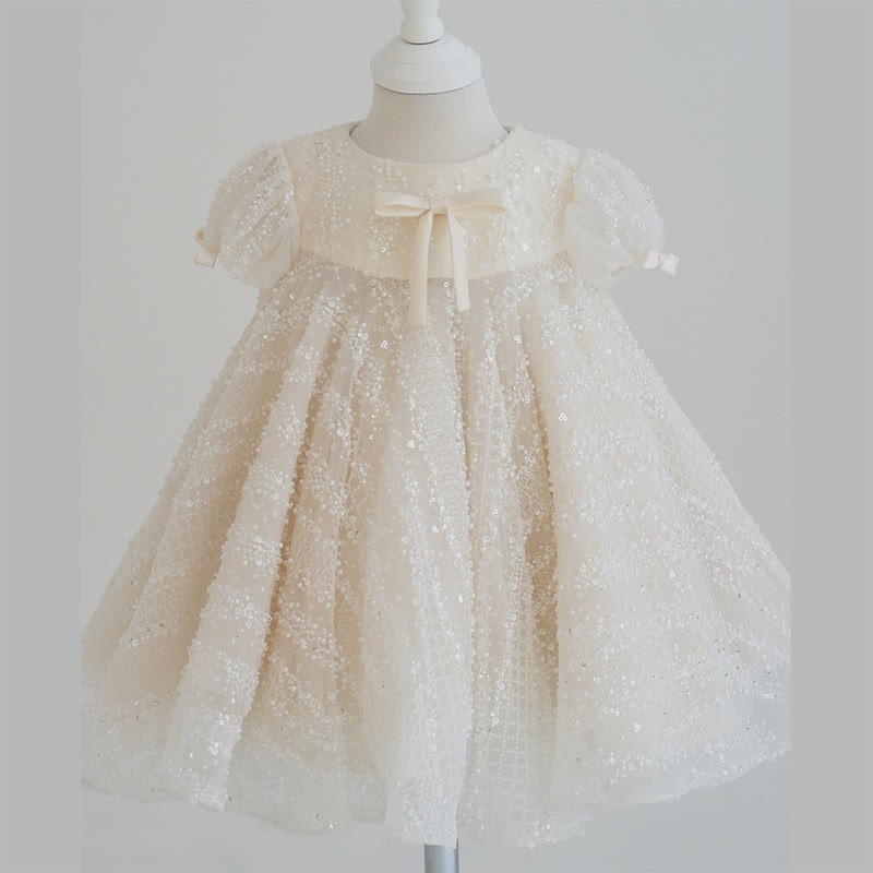 Chemical Fiber Blend Bow Beaded Short Sleeve Mid-long Dresses - Champagne - 9-10Y - image 1