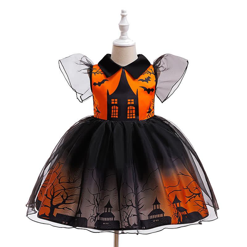 Chemical Fiber Blend Folds Bow Short Sleeve Mid-long Dresses - Black&Orange - 8Y - image 2