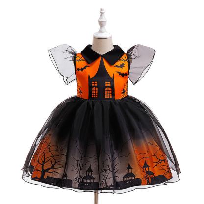 Chemical Fiber Blend Folds Bow Short Sleeve Mid-long Dresses - Black&Orange - 8Y - image 2