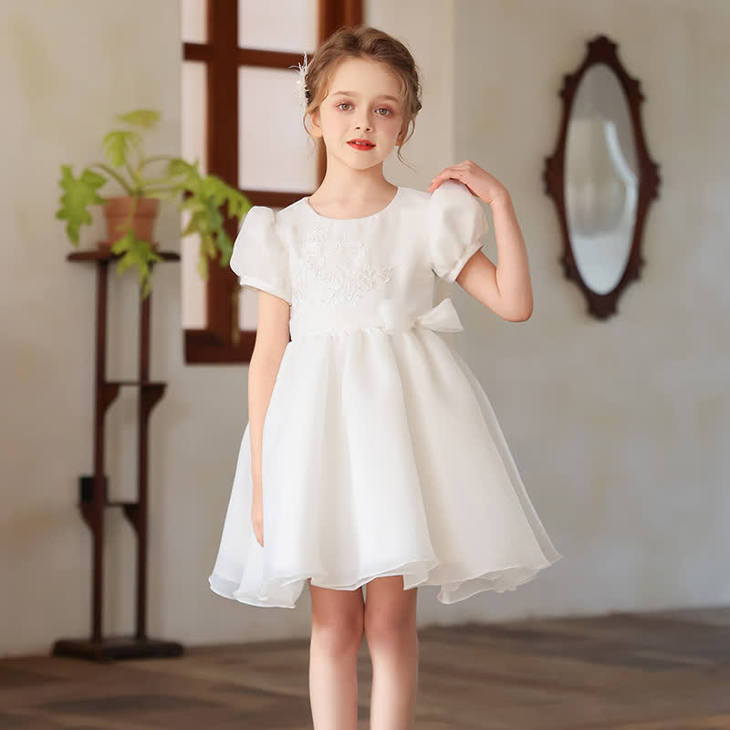 Chemical Fiber Blend Embroidery Bow Short Sleeve Mid-long Dresses - image 2