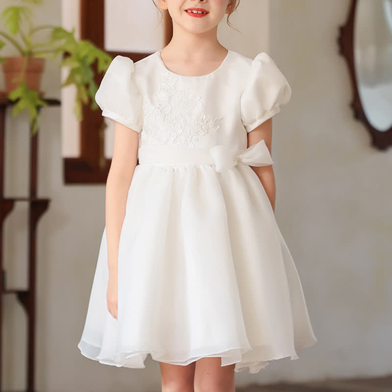 Chemical Fiber Blend Embroidery Bow Short Sleeve Mid-long Dresses - White - 16-17Y - image 1