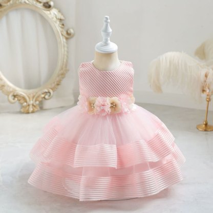 Mesh Rosette Sleeveless Midi Dresses - Pink - 4-5Y - image 5