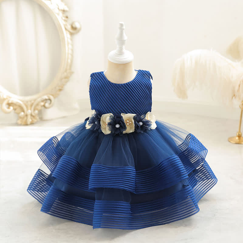 Mesh Rosette Sleeveless Midi Dresses - Navy Blue - 4-5Y - image 15