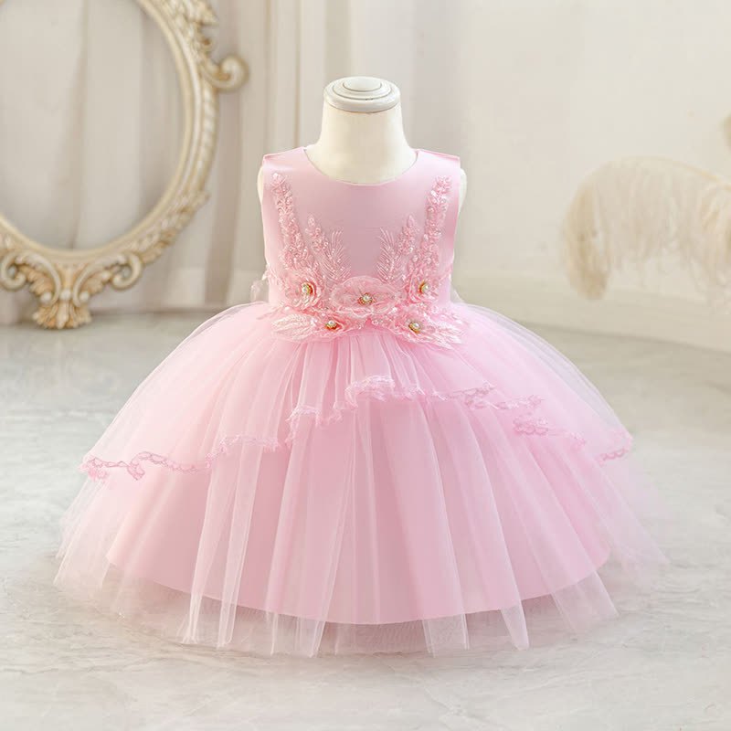 Mesh Rosette Asymmetric Sleeveless Midi Dresses - Pink - 3-4Y - image 1