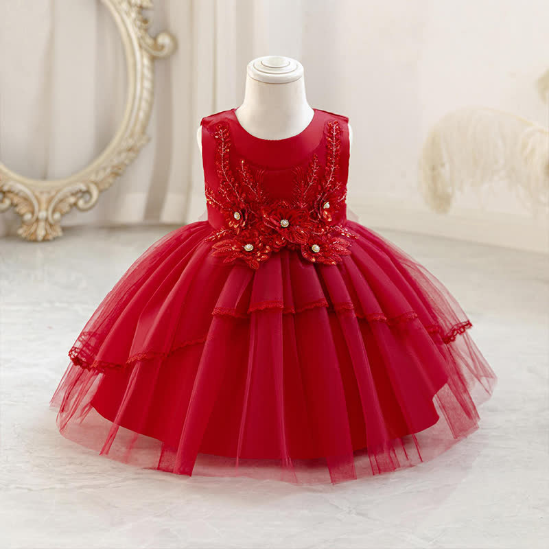Mesh Rosette Asymmetric Sleeveless Midi Dresses - Red - 3-4Y - image 4