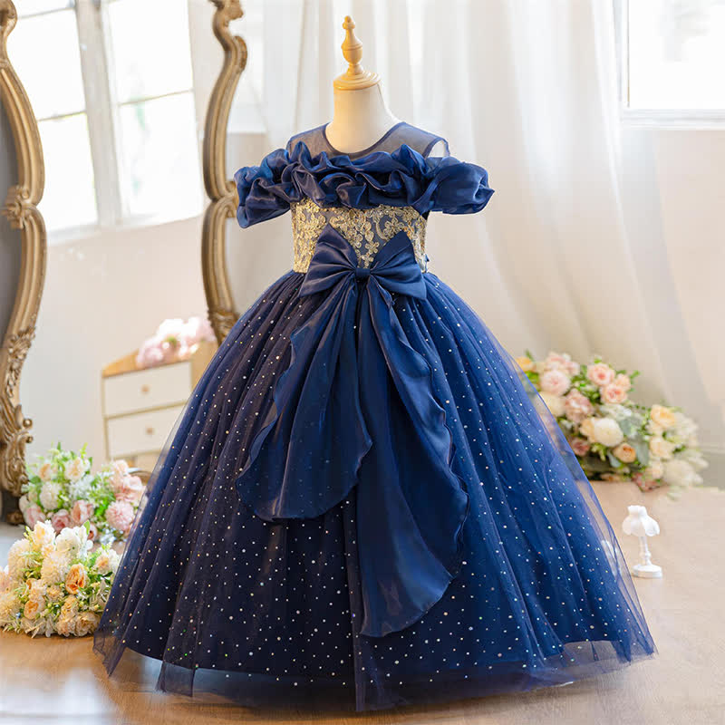 Mesh Bow Ruched Short Sleeve Maxi Dresses - Navy Blue - 11-13Y - image 1