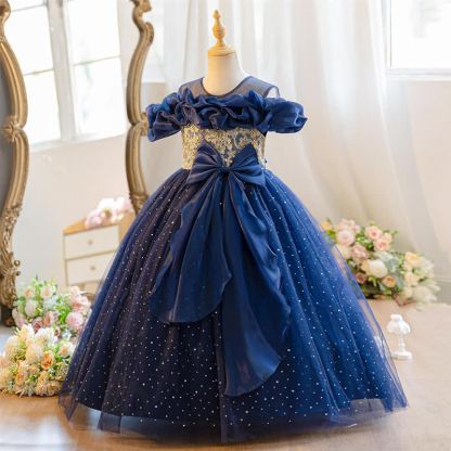 Mesh Bow Ruched Short Sleeve Maxi Dresses - Navy Blue - 11-13Y - image 1