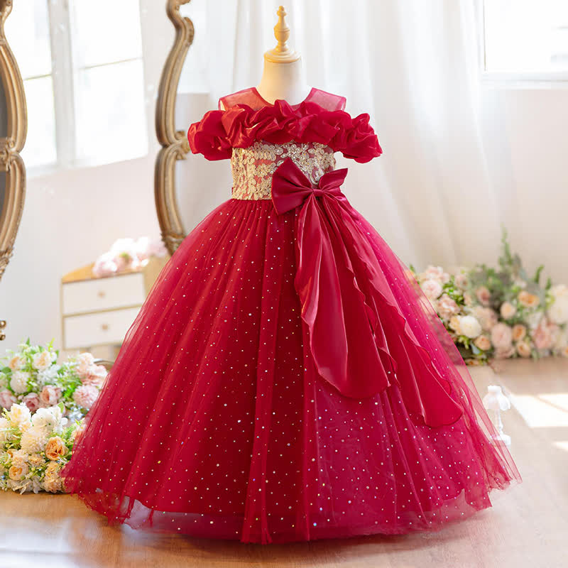 Mesh Bow Ruched Short Sleeve Maxi Dresses - Red - 11-13Y - image 8