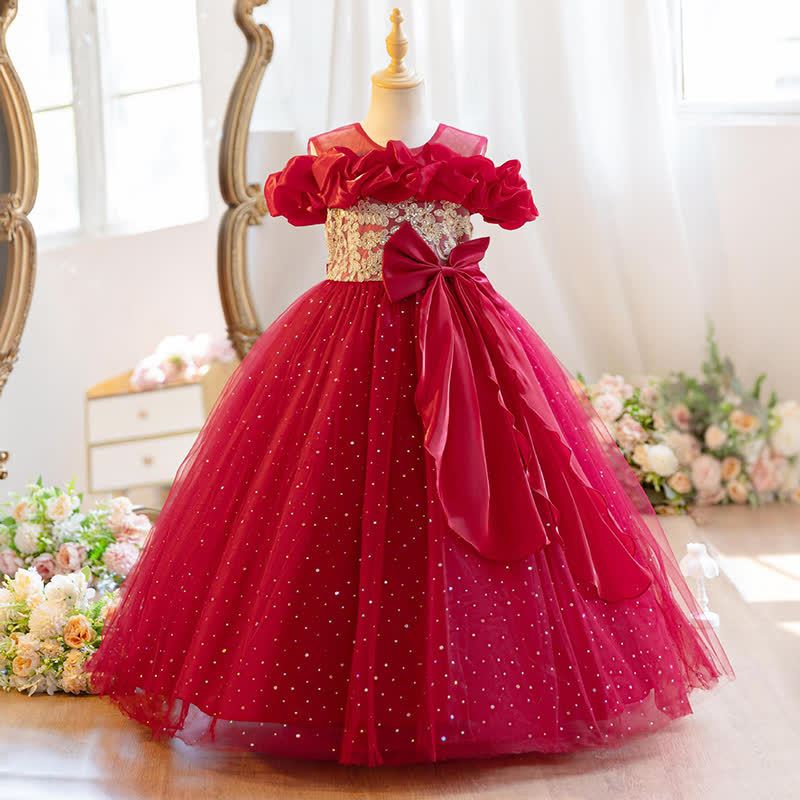 Mesh Bow Ruched Short Sleeve Maxi Dresses - Red - 11-13Y - image 8