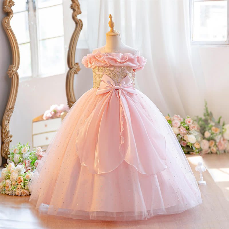 Mesh Bow Ruched Short Sleeve Maxi Dresses - Pink - 11-13Y - image 12