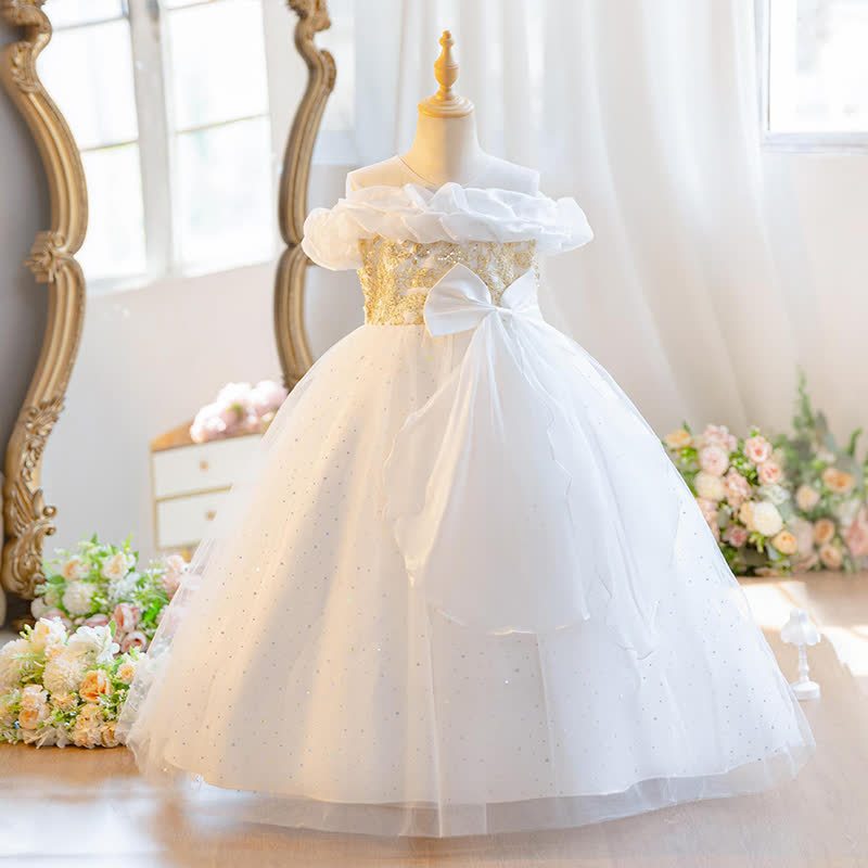 Mesh Bow Ruched Short Sleeve Maxi Dresses - White - 11-13Y - image 16