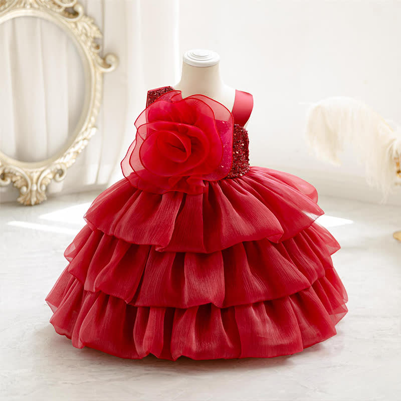Chemical Fiber Blend Folds Rosette Sleeveless Midi Dresses - Red - 4-5Y - image 16