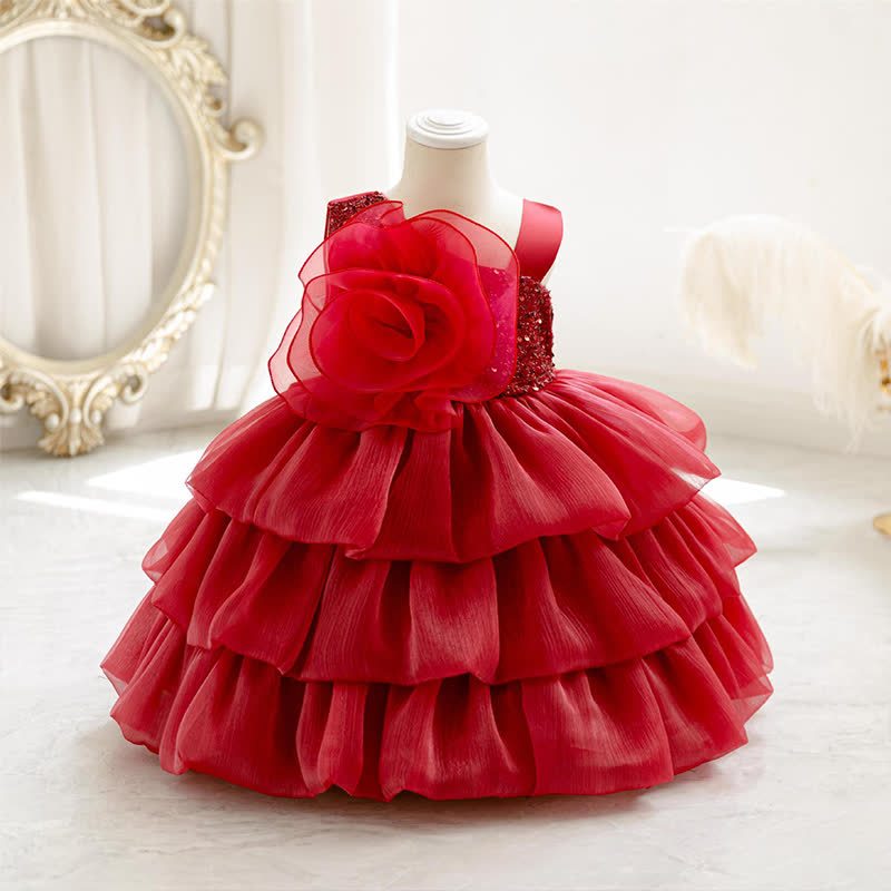 Chemical Fiber Blend Folds Rosette Sleeveless Midi Dresses - Red - 4-5Y - image 1