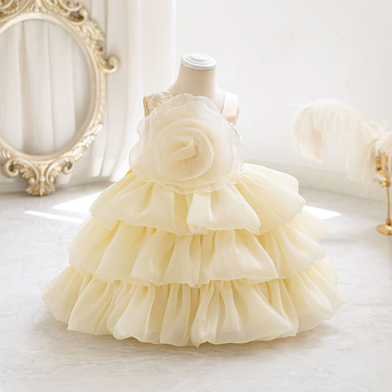 Chemical Fiber Blend Folds Rosette Sleeveless Midi Dresses - Champagne - 4-5Y - image 11