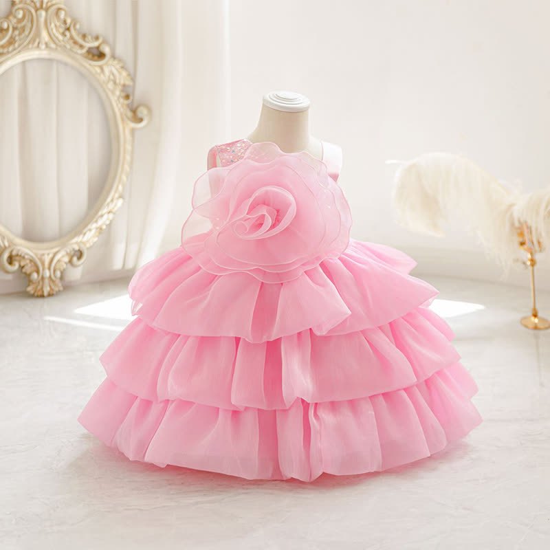 Chemical Fiber Blend Folds Rosette Sleeveless Midi Dresses - Pink - 4-5Y - image 1