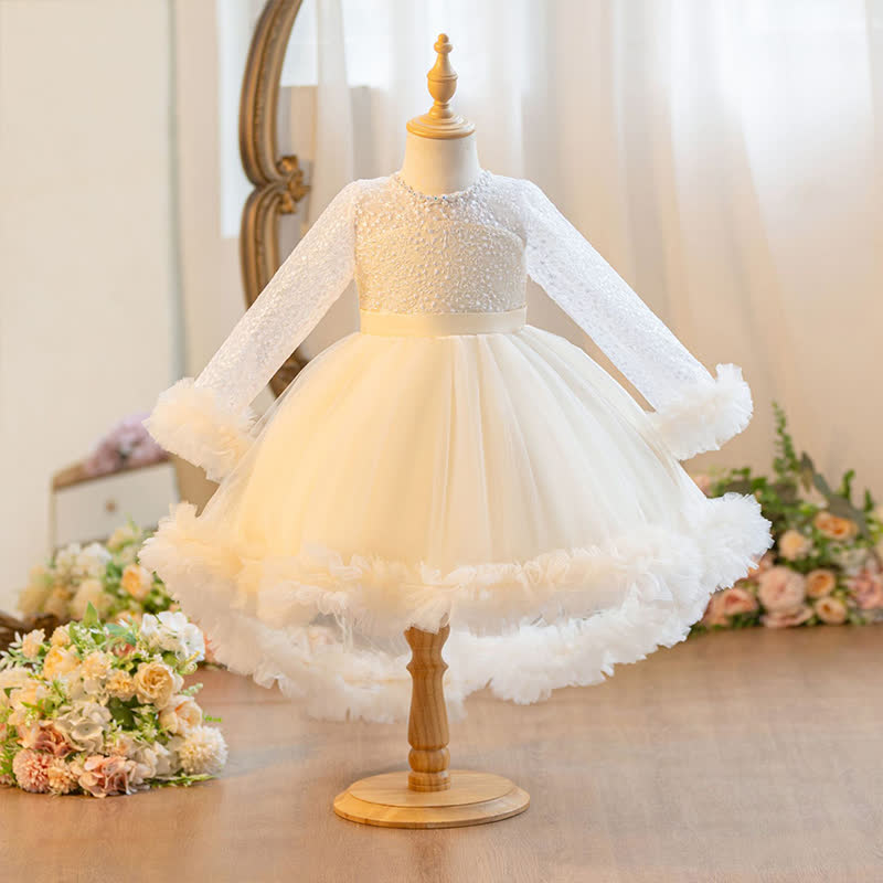 Embroidery Mesh Piping Long Sleeve Midi Dresses - Champagne - 11-12Y - image 1