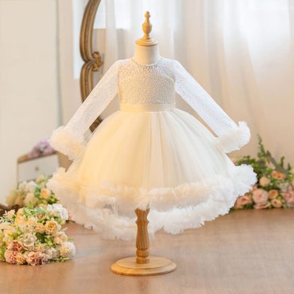 Embroidery Mesh Piping Long Sleeve Midi Dresses - Champagne - 11-12Y - image 1