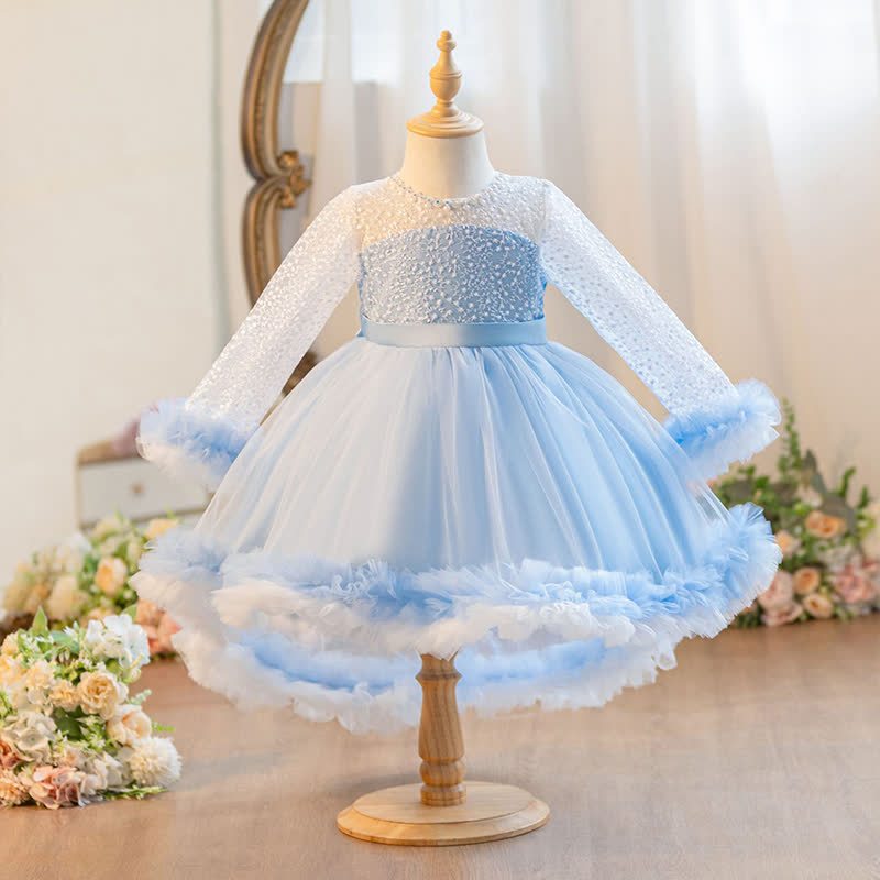 Embroidery Mesh Piping Long Sleeve Midi Dresses - Blue - 11-12Y - image 19