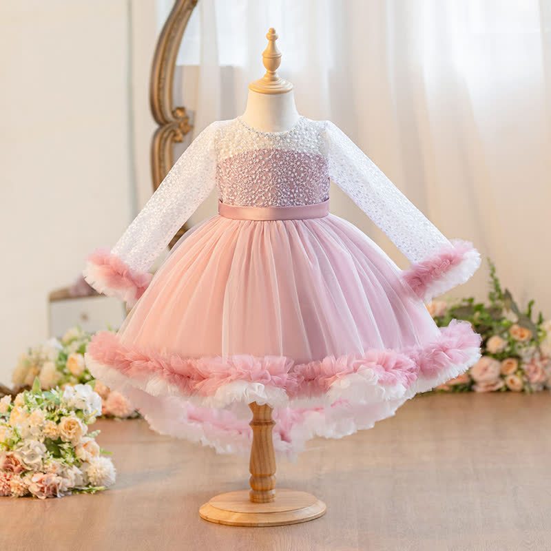 Embroidery Mesh Piping Long Sleeve Midi Dresses - Dusty Pink - 11-12Y - image 13
