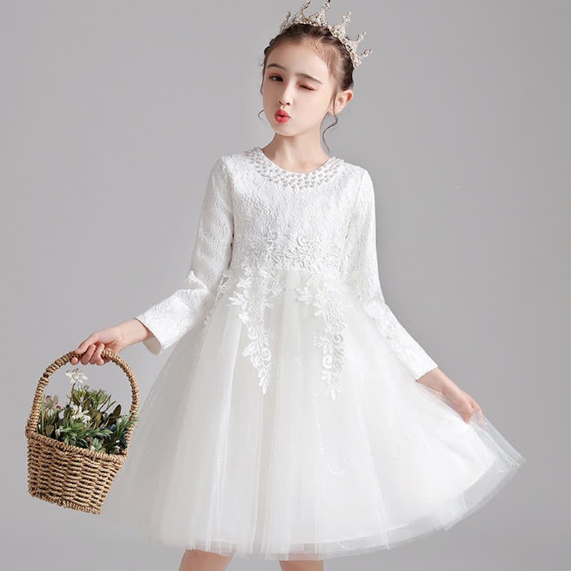 Lace Pearl Applique Long Sleeve Midi Dresses - White - 13-14Y - image 1