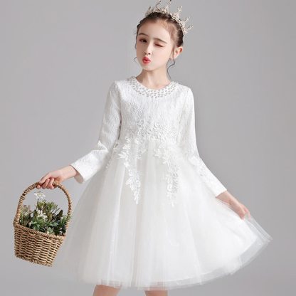 Lace Pearl Applique Long Sleeve Midi Dresses - White - 13-14Y - image 1