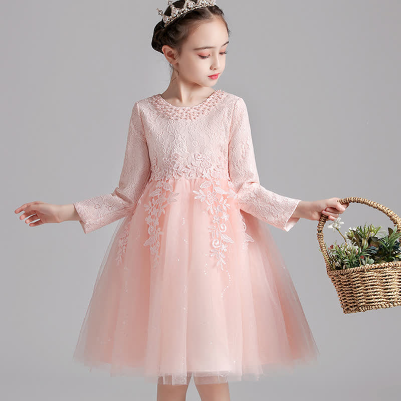 Lace Pearl Applique Long Sleeve Midi Dresses - Pink - 13-14Y - image 6