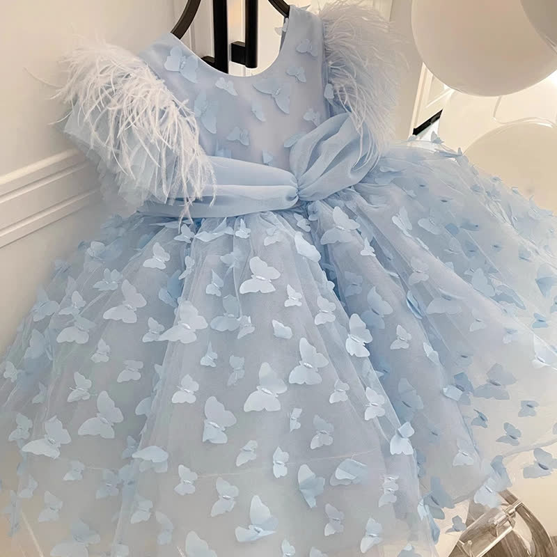 Mesh Feather-trimmed Bow Sleeveless Midi Dresses - Blue - 10-11Y - image 1