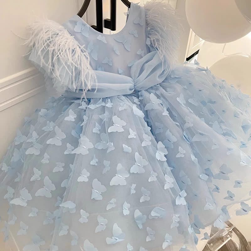 Mesh Feather-trimmed Bow Sleeveless Midi Dresses - Blue - 10-11Y - image 1