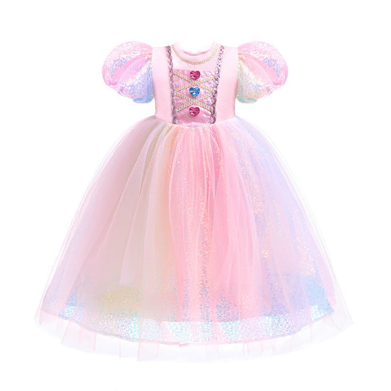 Chemical Fiber Blend Glitter Folds Short Sleeve Maxi Dresses - Pink - 10-11Y - image 1