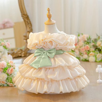 Organza Folds Bow Short Sleeve Mid-long Dresses - image 6