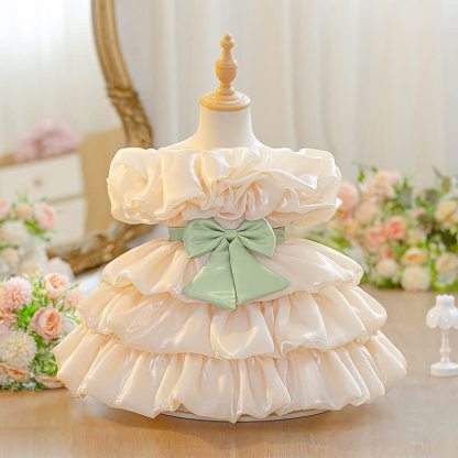 Organza Folds Bow Short Sleeve Mid-long Dresses - Champagne - 2-3Y - image 1