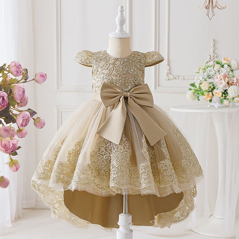 Mesh Lace Bow Long Sleeve Maxi Dresses - Champagne - 8Y - image 9