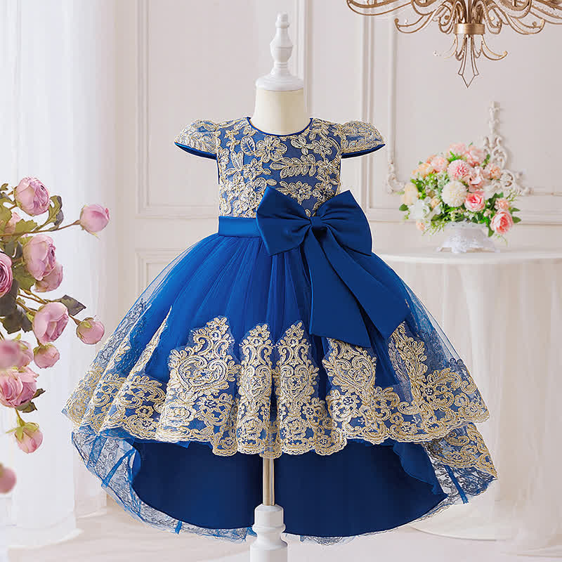 Mesh Lace Bow Long Sleeve Maxi Dresses - Blue - 8Y - image 17