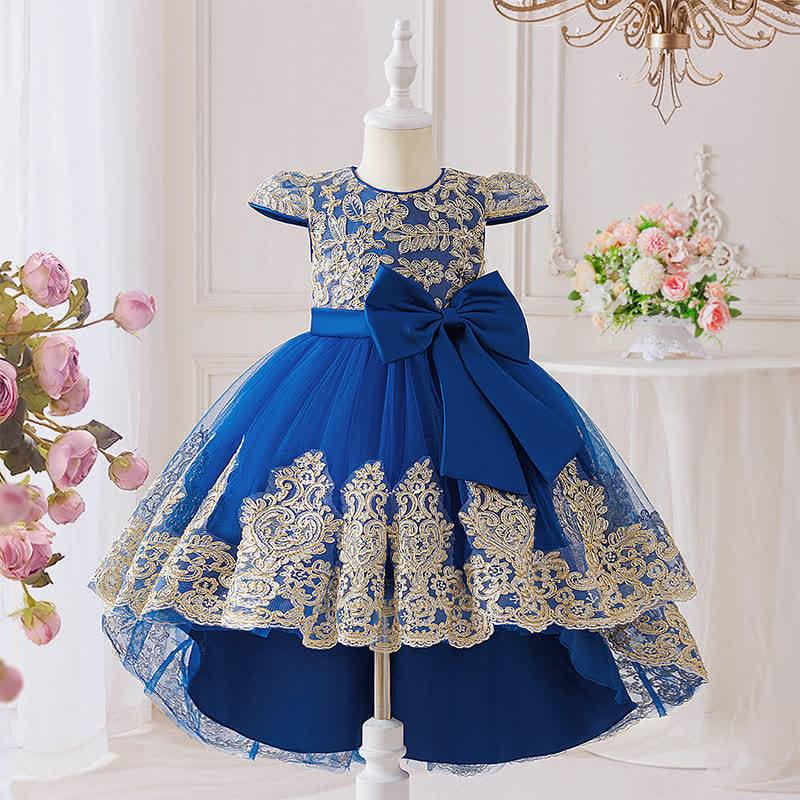Mesh Lace Bow Long Sleeve Maxi Dresses - Blue - 8Y - image 17