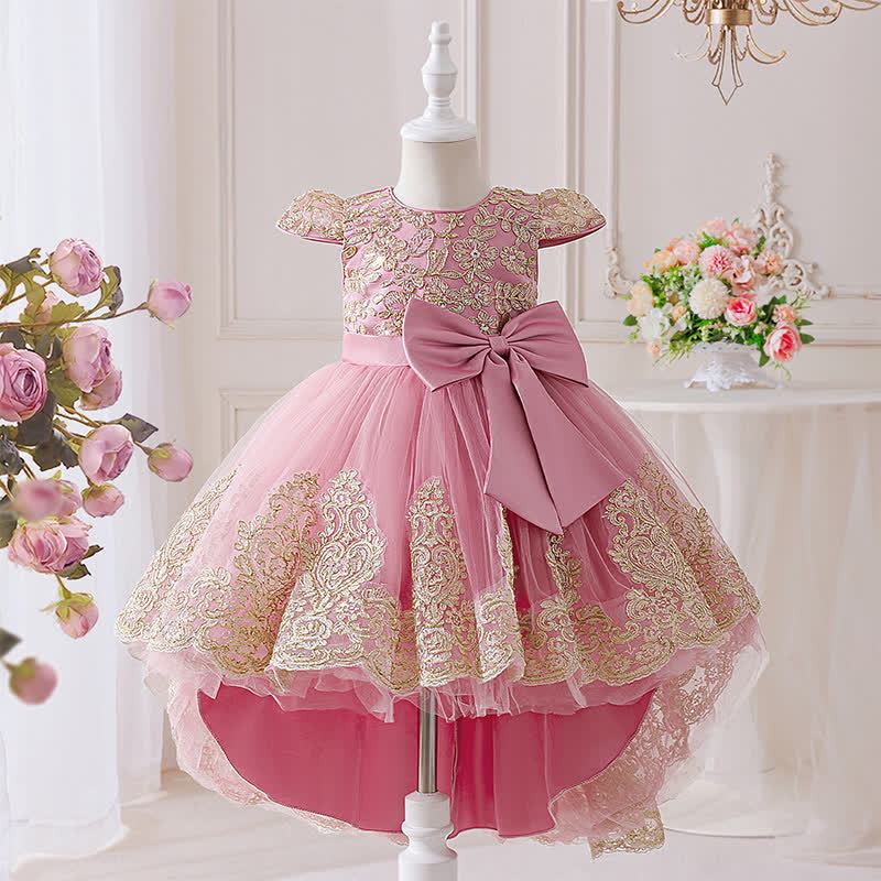 Mesh Lace Bow Long Sleeve Maxi Dresses - Pink - 8Y - image 1