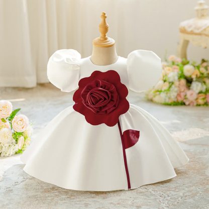 Satin Rosette Short Sleeve Mid-long Dresses - White - 2-3Y - image 9