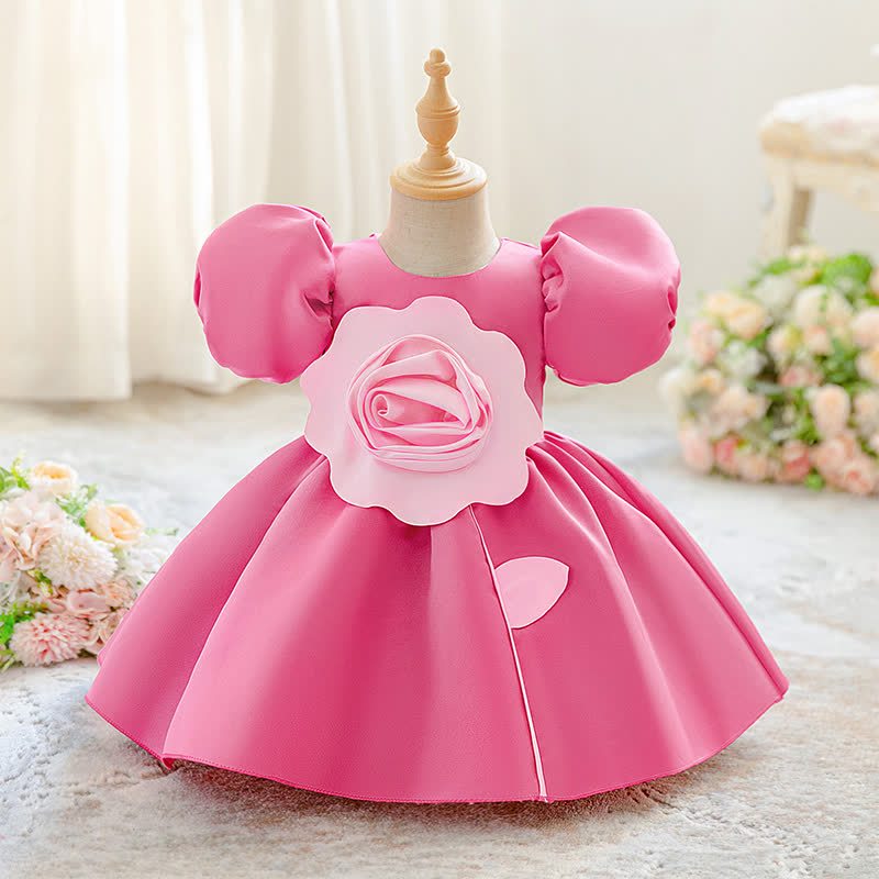 Satin Rosette Short Sleeve Mid-long Dresses - Pink - 2-3Y - image 1
